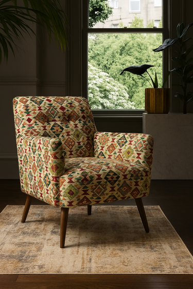 Upholstered armchair with Kilim-inspired pattern.